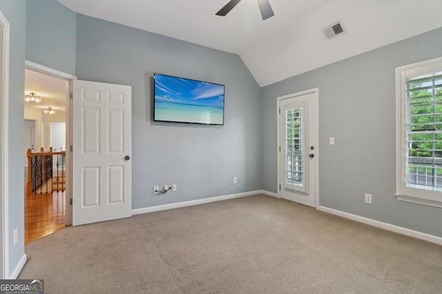 3115 Corsair Curv, Cumming, GA 30040 - unfurnished bedroom with carpet flooring, lofted ceiling, baseboards, ceiling fan, and access to outside