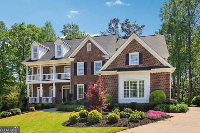 3115 Corsair Curv, Cumming, GA 30040 - view of front of house featuring brick siding, a front lawn, a porch, and a balcony
