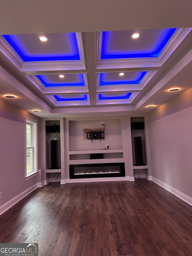 2818 Willowstone Dr, Duluth, GA 30096 - unfurnished living room featuring wood finished floors, a glass covered fireplace, baseboards, coffered ceiling, and recessed lighting