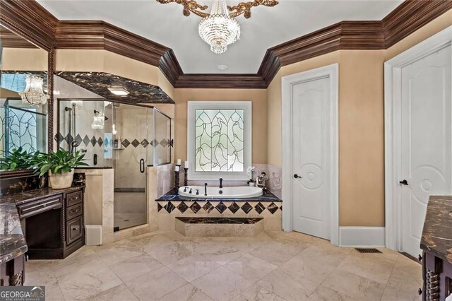 2120 Blackheath Trce, Alpharetta, GA 30005 - full bathroom with a chandelier, vanity, a bath, a shower stall, and ornamental molding