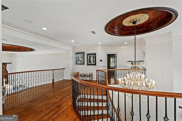 2120 Blackheath Trce, Alpharetta, GA 30005 - bathroom with a chandelier, a bath, vanity, a stall shower, and crown molding