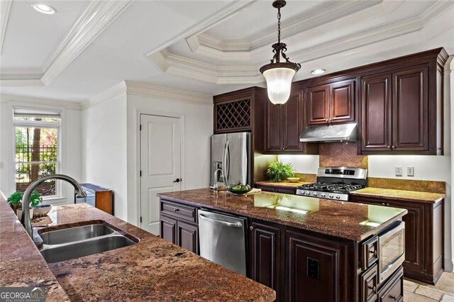 2120 Blackheath Trce, Alpharetta, GA 30005 - kitchen featuring appliances with stainless steel finishes, under cabinet range hood, a tray ceiling, ornamental molding, and pendant lighting