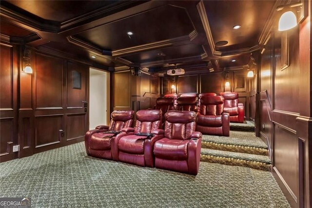 2120 Blackheath Trce, Alpharetta, GA 30005 - carpeted home theater featuring a decorative wall, ornamental molding, coffered ceiling, and beamed ceiling