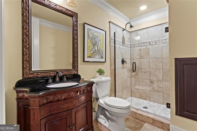 2120 Blackheath Trce, Alpharetta, GA 30005 - bathroom featuring a stall shower, crown molding, and vanity