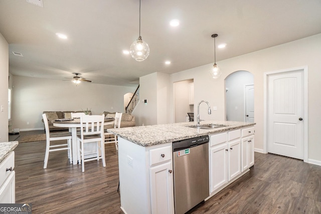 810 Relic Rdg, Hampton, GA 30228 - kitchen with arched walkways, a sink, dark wood finished floors, ceiling fan, and dishwasher
