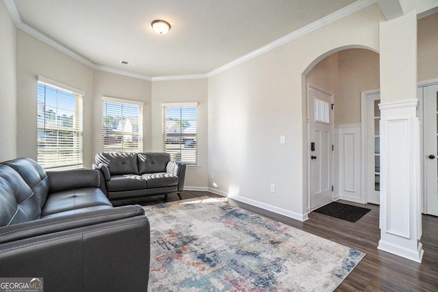810 Relic Rdg, Hampton, GA 30228 - living area with dark wood-style flooring, arched walkways, baseboards, ornamental molding, and visible vents