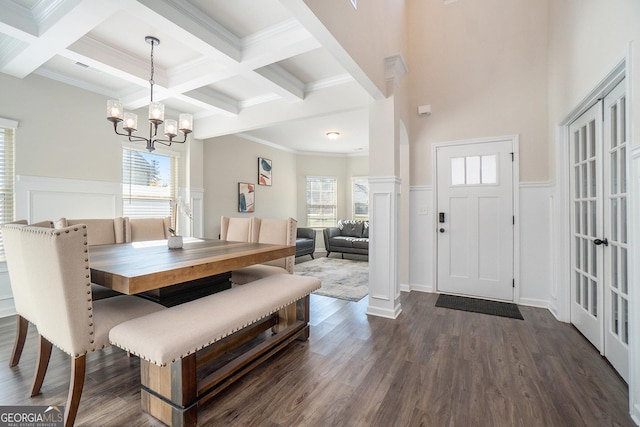 810 Relic Rdg, Hampton, GA 30228 - dining space with dark wood-style floors, coffered ceiling, an inviting chandelier, beamed ceiling, and wainscoting