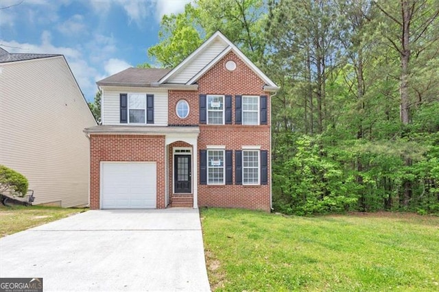 traditional home with a garage, brick siding, a front lawn, and concrete driveway