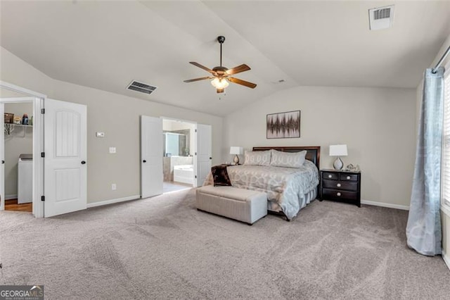 bedroom with lofted ceiling, baseboards, visible vents, and carpet flooring