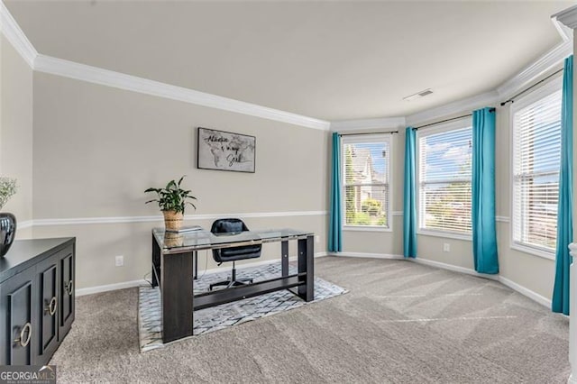 carpeted office space with baseboards, crown molding, and visible vents