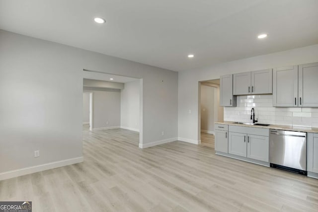7208 Whitewater Dr, Flowery Branch, GA 30542 - kitchen with stainless steel dishwasher, gray cabinets, decorative backsplash, light countertops, and recessed lighting