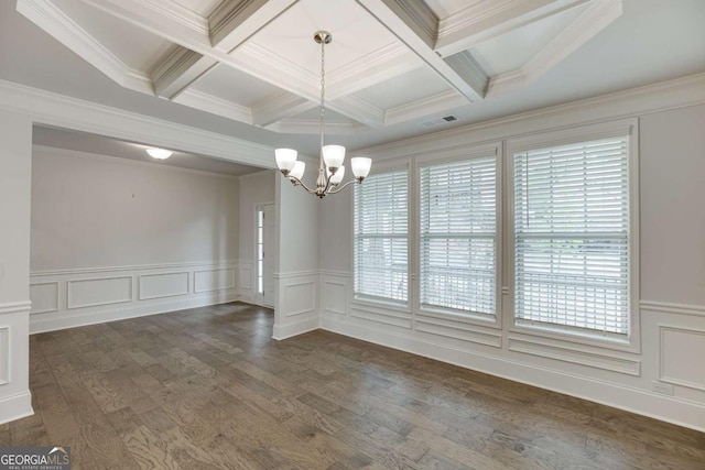 7208 Whitewater Dr, Flowery Branch, GA 30542 - spare room with coffered ceiling, a chandelier, beam ceiling, dark wood-style flooring, and ornamental molding