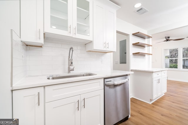 2215 Gordon Cir SE, Smyrna, GA 30080 - kitchen with open shelves, a sink, dishwasher, white cabinetry, and visible vents