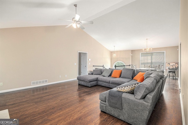 280 Brookview Dr, Dallas, GA 30132 - living area featuring high vaulted ceiling, ceiling fan with notable chandelier, baseboards, dark wood-style flooring, and visible vents