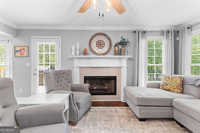 living area featuring ceiling fan, wood finished floors, a high end fireplace, and crown molding