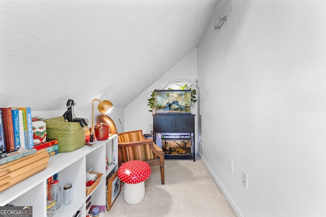 carpeted bedroom featuring vaulted ceiling and a textured ceiling