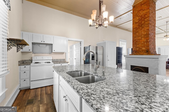 kitchen featuring high vaulted ceiling, white electric range oven, a sink, stainless steel fridge, and visible vents