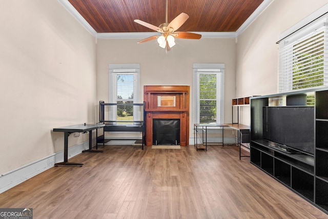 living room with a ceiling fan, wood finished floors, a healthy amount of sunlight, and crown molding