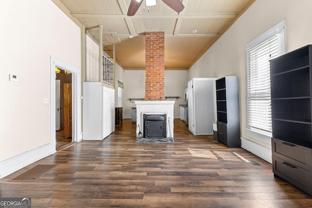 unfurnished living room featuring high vaulted ceiling, ceiling fan, and dark wood-style flooring