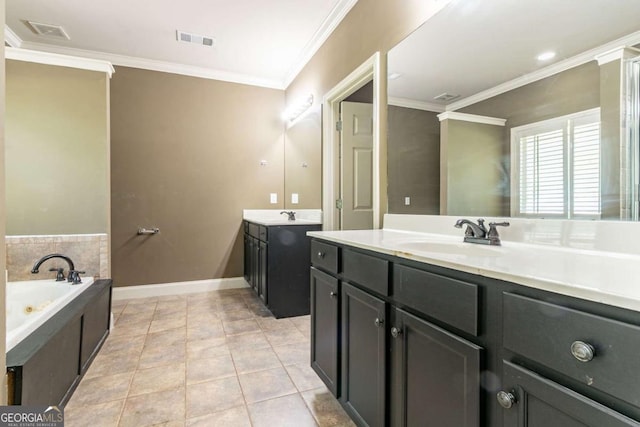 100 Hickory Dr, Stockbridge, GA 30281 - bathroom with two vanities, ornamental molding, a sink, and visible vents