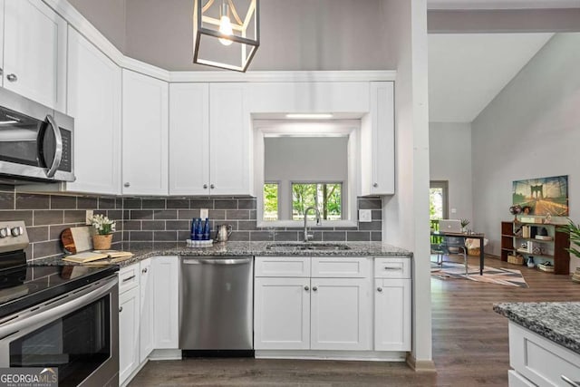 kitchen featuring a sink, decorative backsplash, stainless steel appliances, dark wood finished floors, and white cabinetry