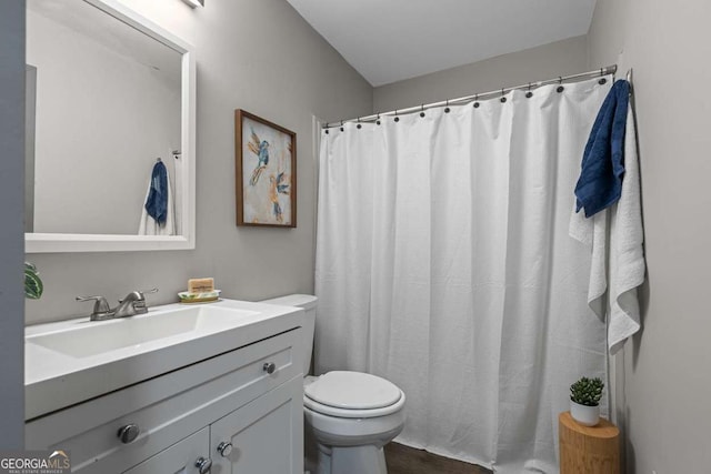 bathroom featuring toilet, a shower with curtain, and vanity