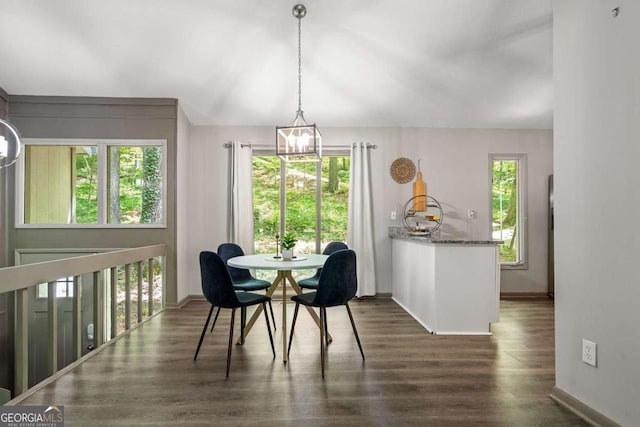 dining room featuring dark wood finished floors, baseboards, and a healthy amount of sunlight