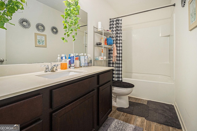 129 Coldwater Way, Griffin, GA 30224 - bathroom with wood finished floors, vanity, and shower / bathtub combination with curtain