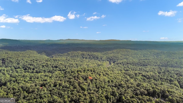 drone / aerial view featuring a view of trees and a mountain view