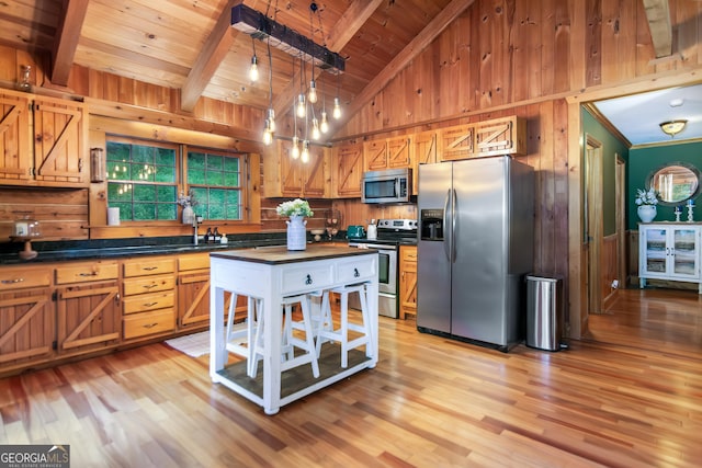 kitchen featuring stainless steel appliances, light wood-type flooring, wooden walls, beamed ceiling, and wooden ceiling