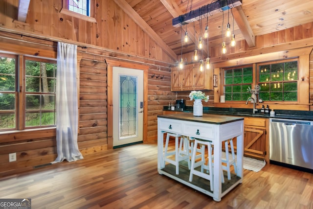 kitchen featuring high vaulted ceiling, a sink, light wood-type flooring, dishwasher, and wood ceiling