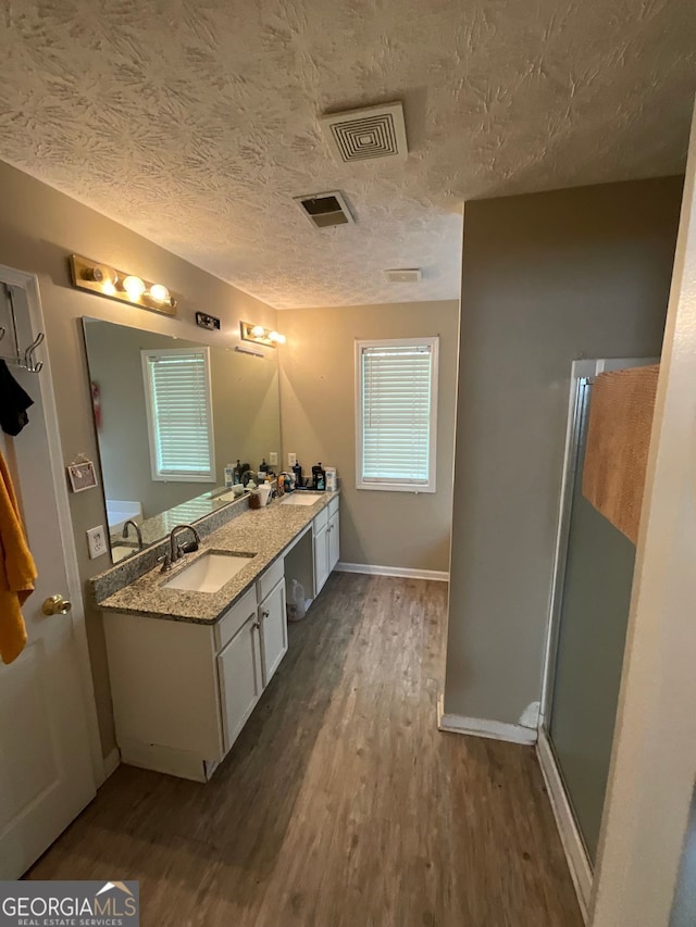 1086 Deshon Trl, Lithonia, GA 30058 - bathroom featuring wood finished floors, double vanity, a textured ceiling, baseboards, and a shower with door