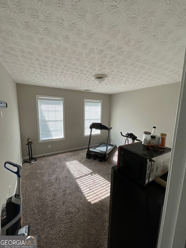 1086 Deshon Trl, Lithonia, GA 30058 - exercise room featuring a textured ceiling, baseboards, and carpet flooring