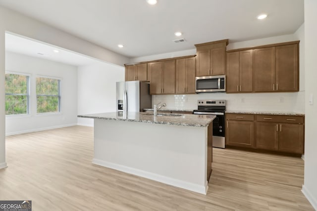 2764 Aralynn Way, College Park, GA 30337 - kitchen featuring light wood finished floors, a sink, visible vents, appliances with stainless steel finishes, and decorative backsplash
