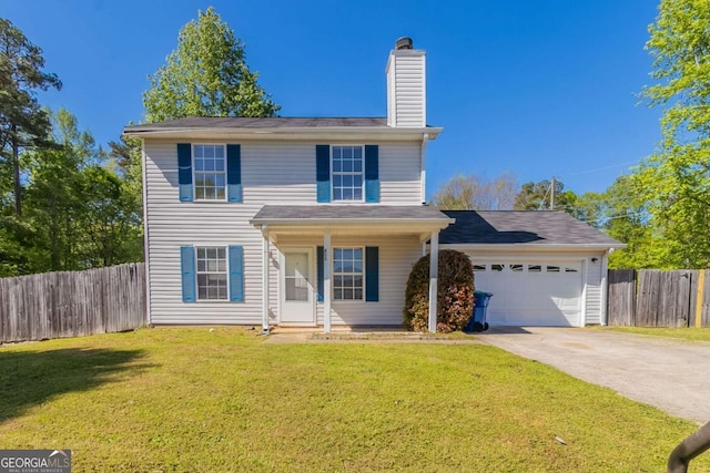 805 Old Rocky Rd, Atlanta, GA 30349 - traditional-style home with a chimney, fence, a front lawn, concrete driveway, and a garage