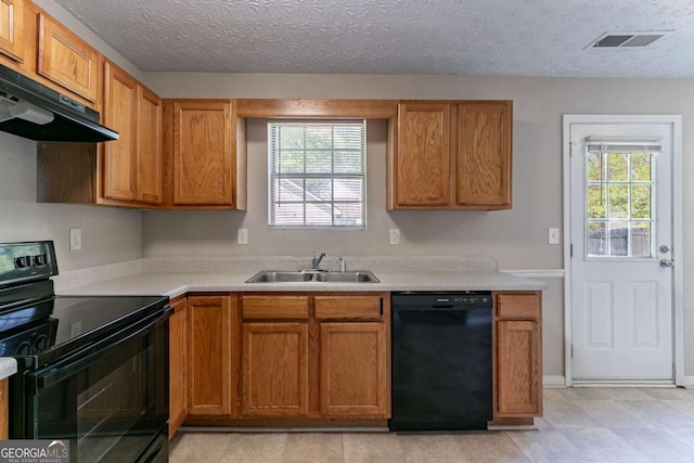 805 Old Rocky Rd, Atlanta, GA 30349 - kitchen with a sink, black appliances, a wealth of natural light, under cabinet range hood, and visible vents