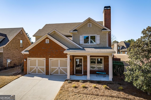 view of front of home with a garage, a chimney, brick siding, a porch, and driveway