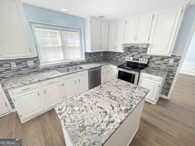 kitchen with wood finished floors, appliances with stainless steel finishes, under cabinet range hood, and a sink