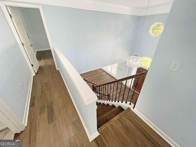stairway with baseboards and wood finished floors