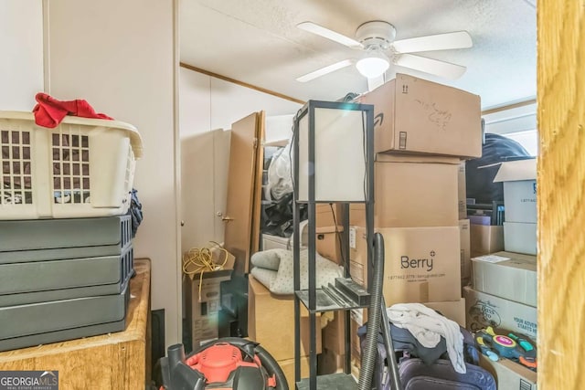 storage area with a ceiling fan