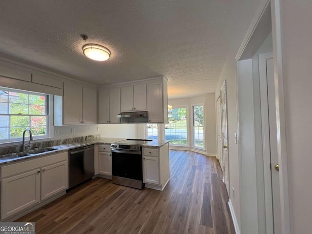 kitchen with under cabinet range hood, a wealth of natural light, appliances with stainless steel finishes, and a sink
