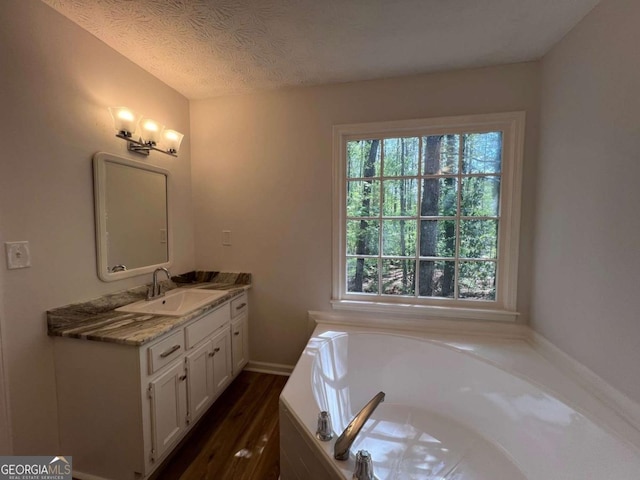 bathroom with a bath, vanity, wood finished floors, and a textured ceiling