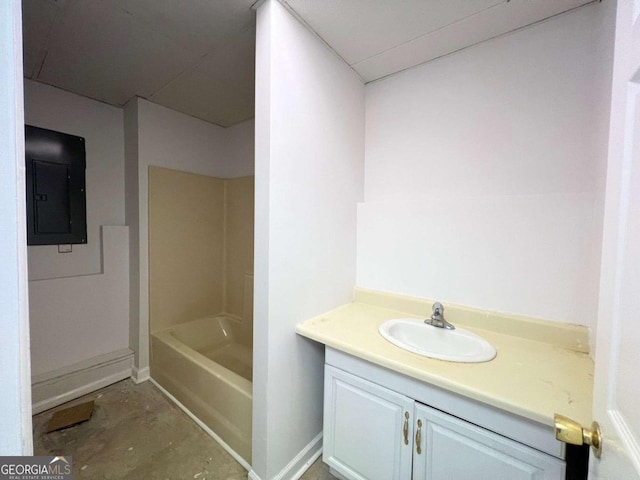 full bath featuring electric panel, vanity, and concrete flooring