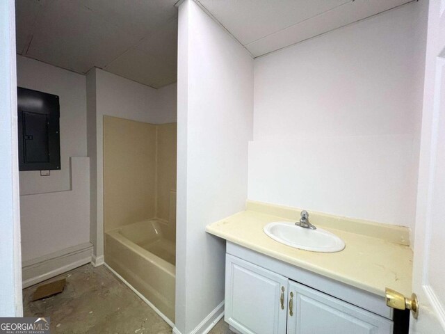 3861 Spring Meadow Dr, Acworth, GA 30101 - bathroom with electric panel, vanity, and unfinished concrete flooring