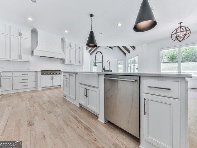 kitchen featuring stainless steel appliances, healthy amount of natural light, a sink, premium range hood, and recessed lighting