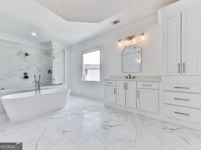 full bath with vanity, a soaking tub, a shower, marble finish floors, and recessed lighting