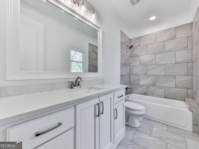 2535 Lake View Ct, Milton, GA 30004 - full bath featuring ornamental molding, toilet, vanity, shower / tub combination, and recessed lighting