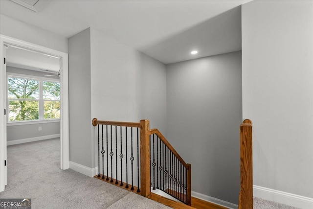 323 S Madison Ave, Monroe, GA 30655 - hall with an upstairs landing, baseboards, carpet floors, and recessed lighting