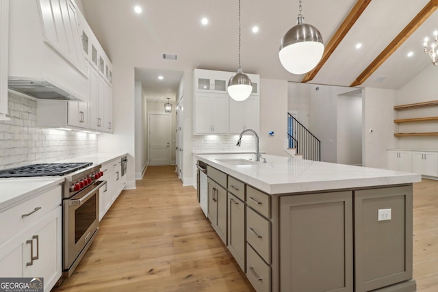 117 Wildwood Dr, Eatonton, GA 31024 - kitchen featuring an island with sink, visible vents, a sink, decorative backsplash, and appliances with stainless steel finishes