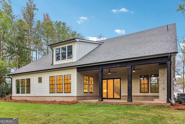 117 Wildwood Dr, Eatonton, GA 31024 - back of house with brick siding, a yard, a ceiling fan, and a shingled roof
